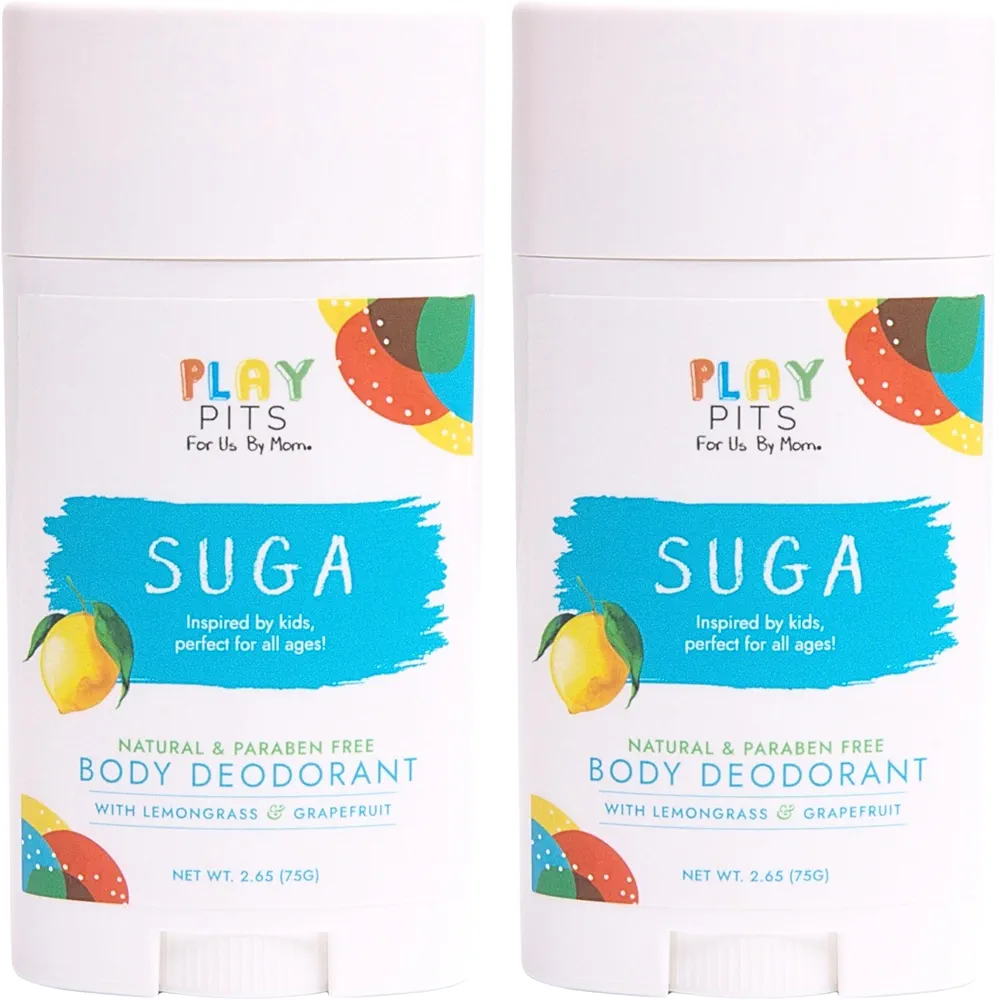 PLAY PITS - Natural Kids Whole Body Deodorant Deodorant - Safe for Girls and Boys w/Sensitive Skin of All Ages - Clean - Toxic & Paraben Free - SUGA Scent - Infused w/Essential Oils – 2.65 Oz.