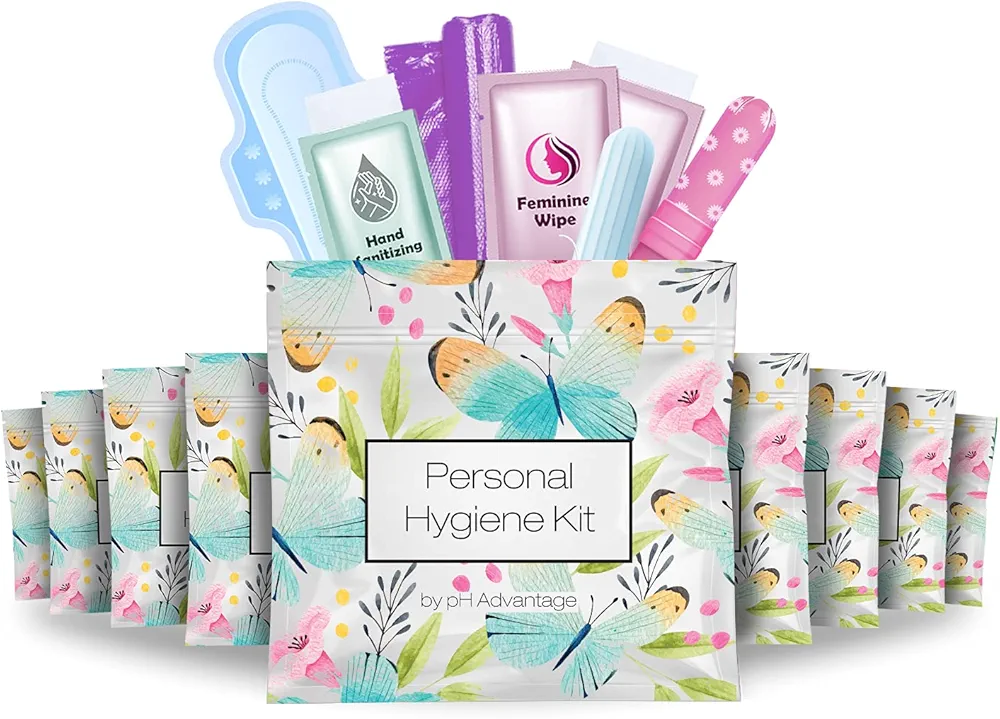 Menstrual Kit All-in-One 10 Pack | Convenience on The Go | Period Kit Pack for Travelling, Tweens & Teenager | Individually Wrapped Feminine Hygiene Product (Butterflies)