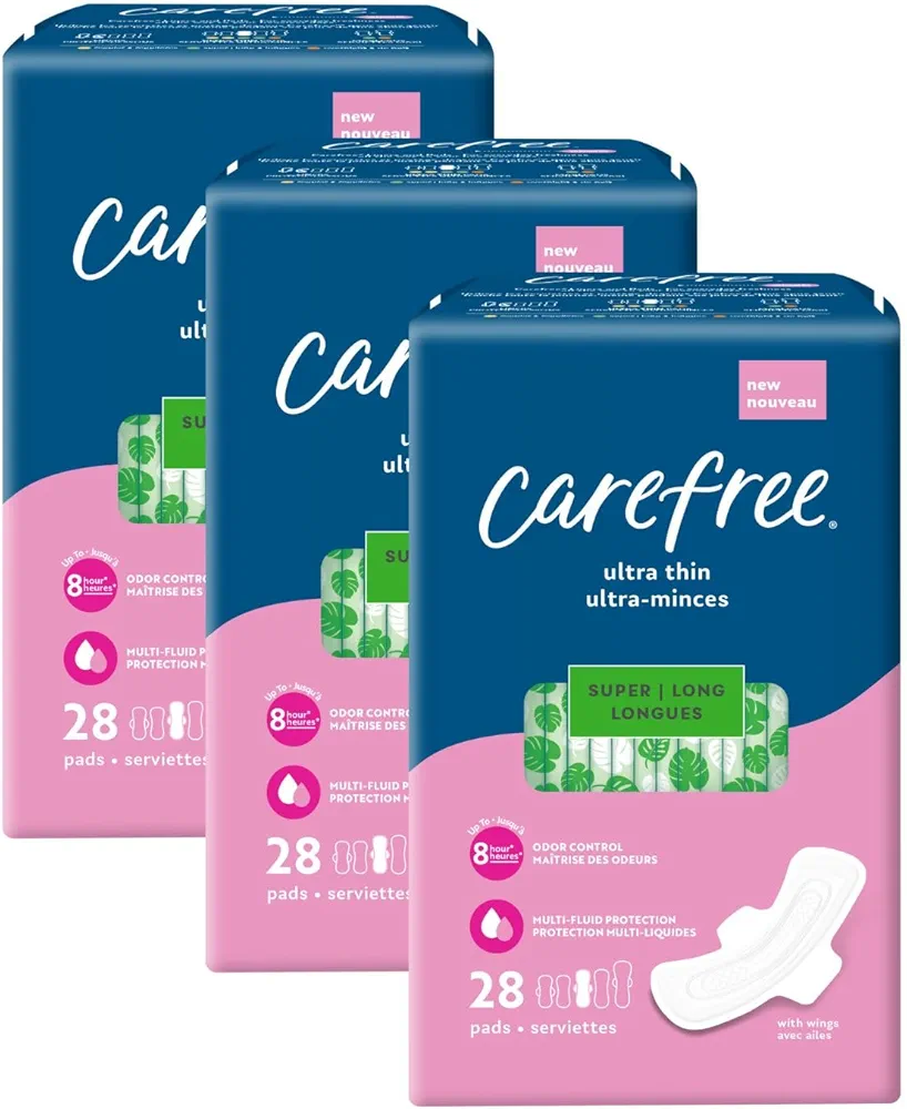 Carefree Ultra Thin Pads for Women, Super/Long Pads With Wings, 84ct (3 Packs of 28ct) | Carefree Pads, Feminine Care, Period Pads & Postpartum Pads | 84ct (3 Packs of 28ct)