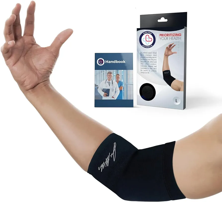 Doctor Developed Copper Elbow Brace & Elbow Support Sleeve and Doctor Written Handbook —Guaranteed Relief for Tennis Elbow, Golfers Elbow, Arthritis, Elbow Compression & Support (Large)