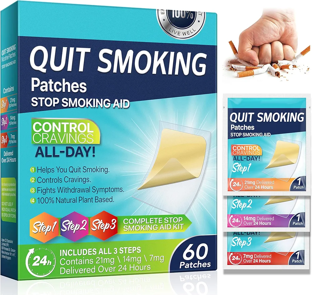 Quit Smoking Patches Step 1 2 3 Stop Smoking Aid, 21mg, 14mg, 7mg, Transdermal System Patch, Quit Smoking Stickers, 60 Count, Easy and Effective to Help Control Smoking Cravings That Work