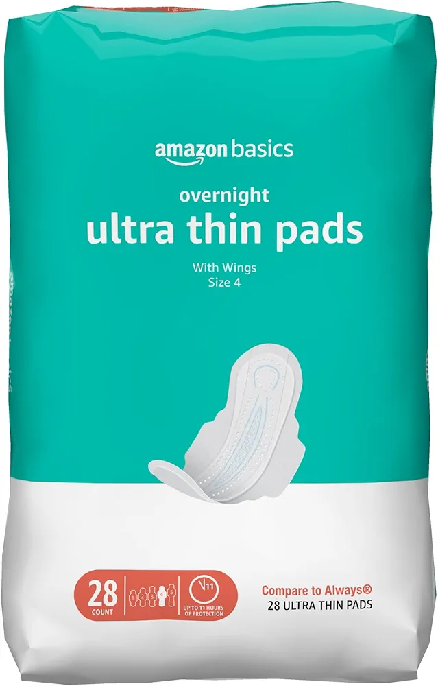 Amazon Basics Ultra Thin Pads with Flexi-Wings for Periods, Overnight Absorbency, Unscented, Size 4, 28 Count, 1 Pack (Previously Solimo)