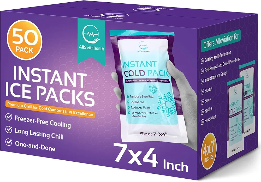 Disposable Instant Ice Packs for Injuries 50 Packs (7” x 4”) | Instant Ice Cold Pack - Cold Compress Ice Pack for Pain Relief, First Aid Essential, Swelling, Toothache, Athletes & Outdoor Activities