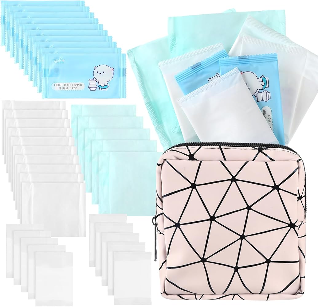 First Period Kit for 9-12 Period Starter Kit for 10-12 Period Bag 25 Sanitary Napkins Petite, Liner, Regular and Overnight Pads 10 Feminine Wipes 1 Sanitary Pad Bag