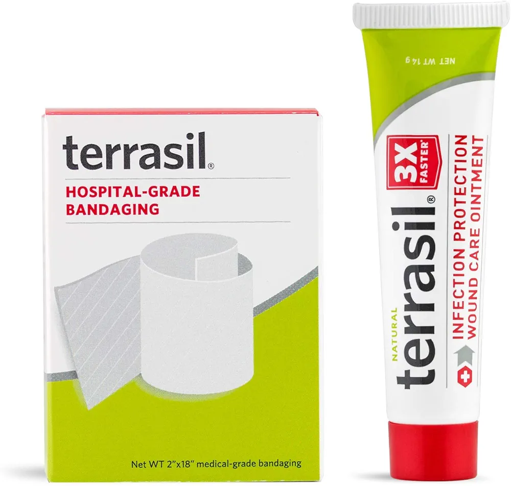 Terrasil Wound Care 3X + Medical Bandage Kit: Wound Healing Ointment, Infection Protection: Bed sores, Pressure sores, Diabetic ulcers, blisters, Burns. Dermatologist-Tested (0.5oz, 2"x18" Bandage)