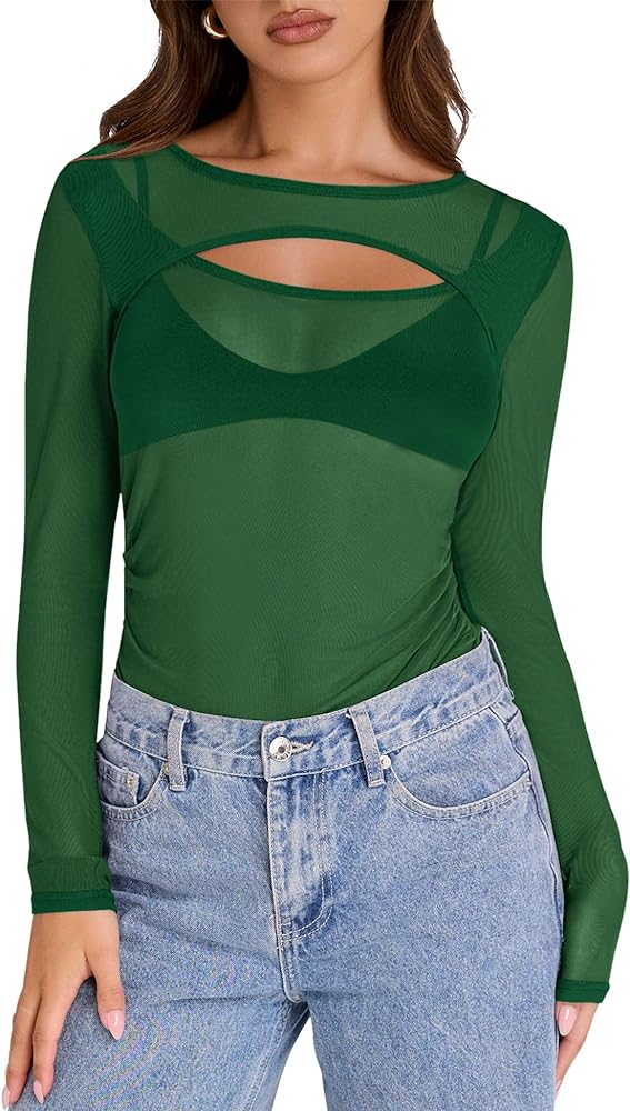 Micoson Womens Mesh Long Sleeve Crew Neck Tops Cut Out Front Side Ruched Sheer Blouse Asymmetrical Hem Party Clubwear Shirts