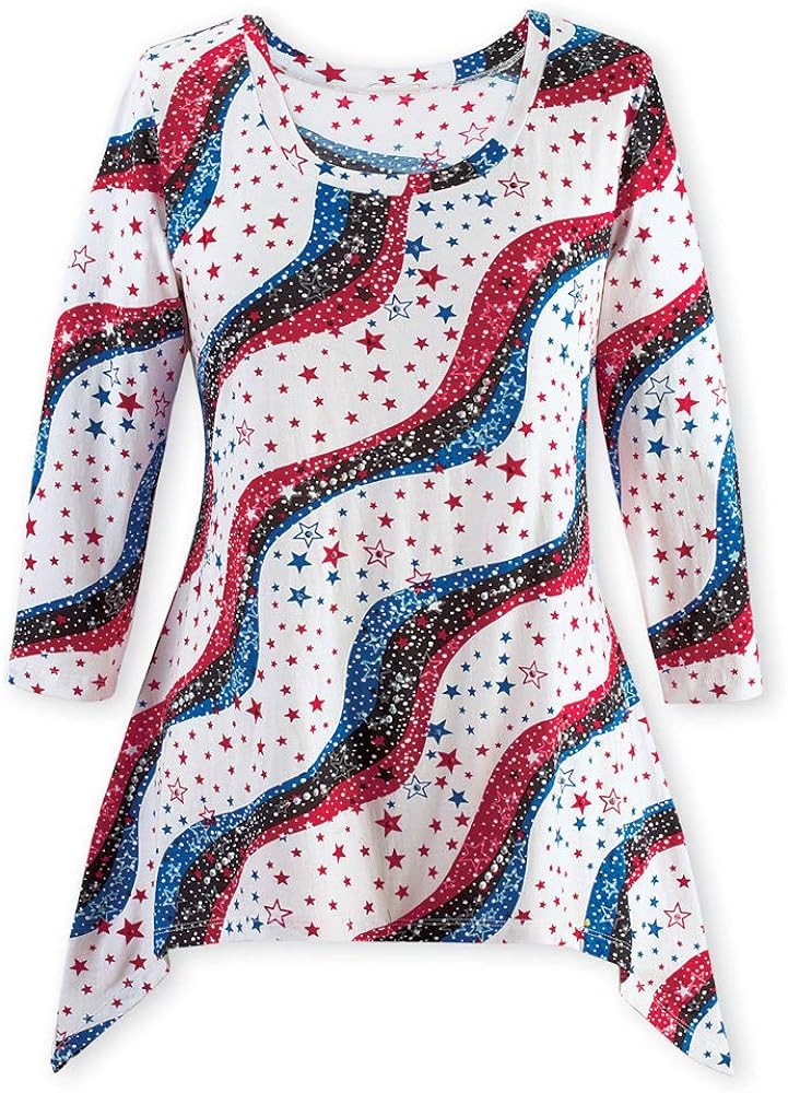 Collections Etc Stars and Stripes 3/4 Sleeve Sequin Sharkbite Top - 4th of July, Patriotic Clothing