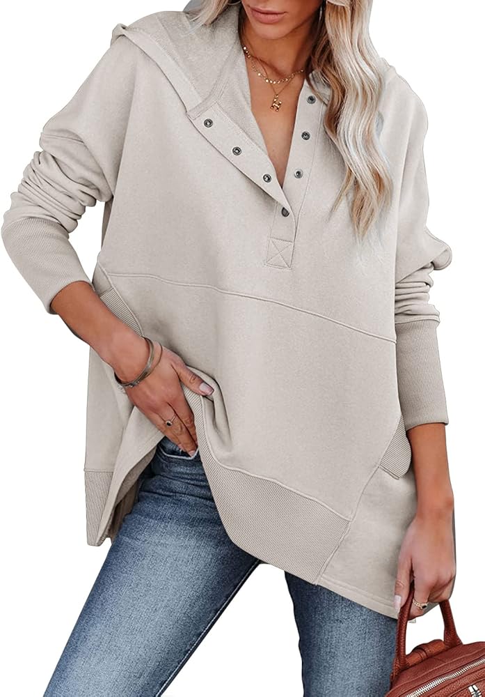 onlypuff Womens Oversized Hoodies and Sweatshirt V Neck Button up Loose Fit Henley Shirt 2022 Fall Fashion