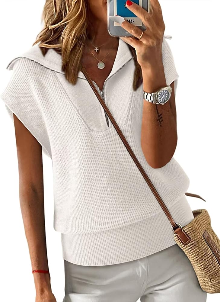 Dokotoo Women's Casual Sleeveless Half Zip Pullover Sweaters Solid V Neck Collar Ribbed Knitted Loose Sweaters