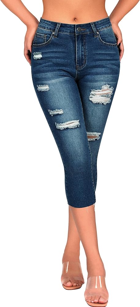 roswear Women's Capri Jeans Ripped Stretch Denim Capris Mid Rise Skinny Cropped Pants