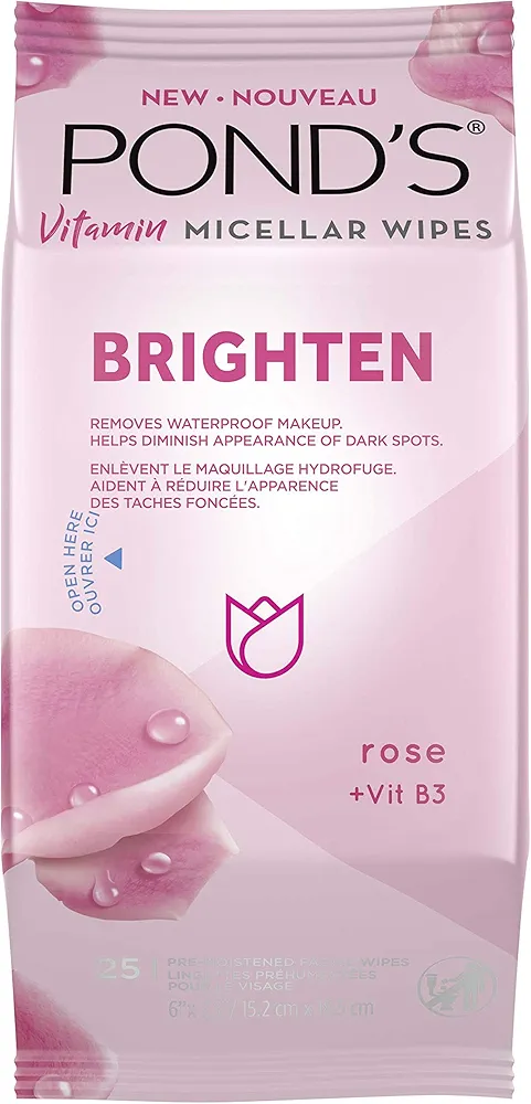 Pond's Vitamin Micellar Wipes For Dark Spots Brighten Rose Removes Waterproof Makeup 25 Wipes