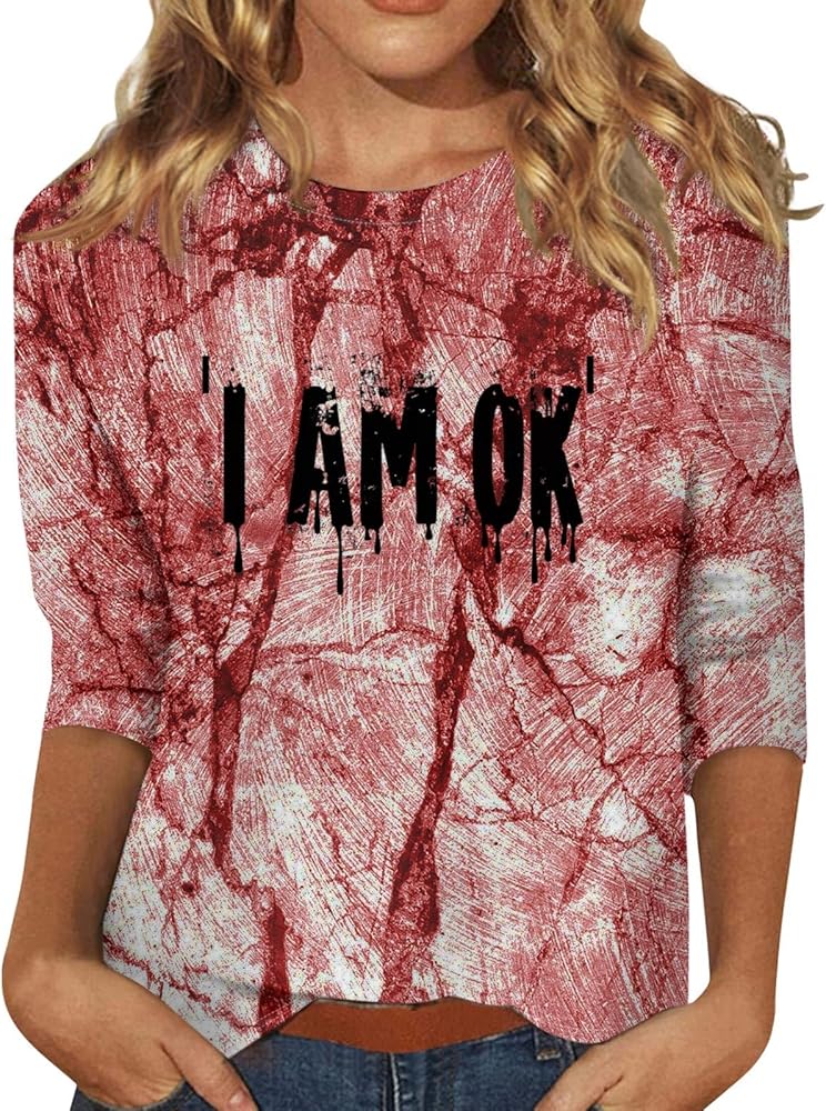 Halloween Shirts Woman 3/4 Sleeve Round Neck Loose Tunics Graphic Blouses Casual Tops Printed Clothing Trendy Shirts