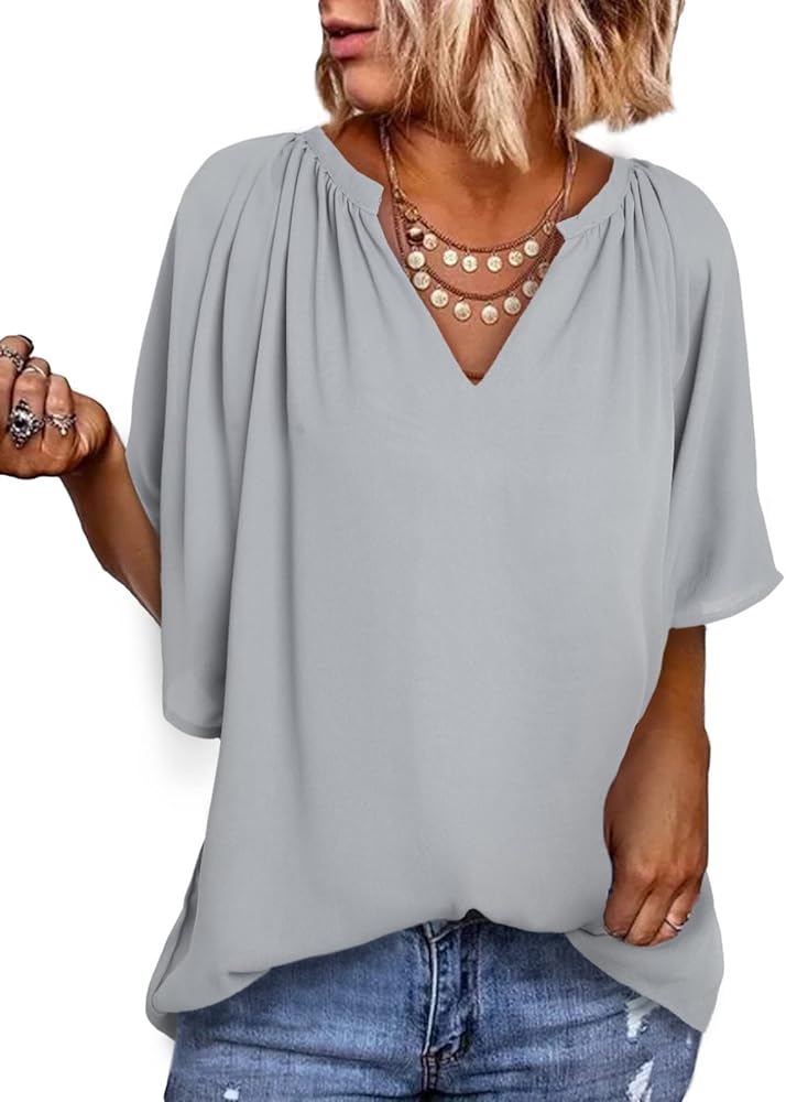 Dokotoo Womens Chiffon Blouses Casual Solid Bell Sleeve Shirt Loose V Neck Pleated Tunic Tops