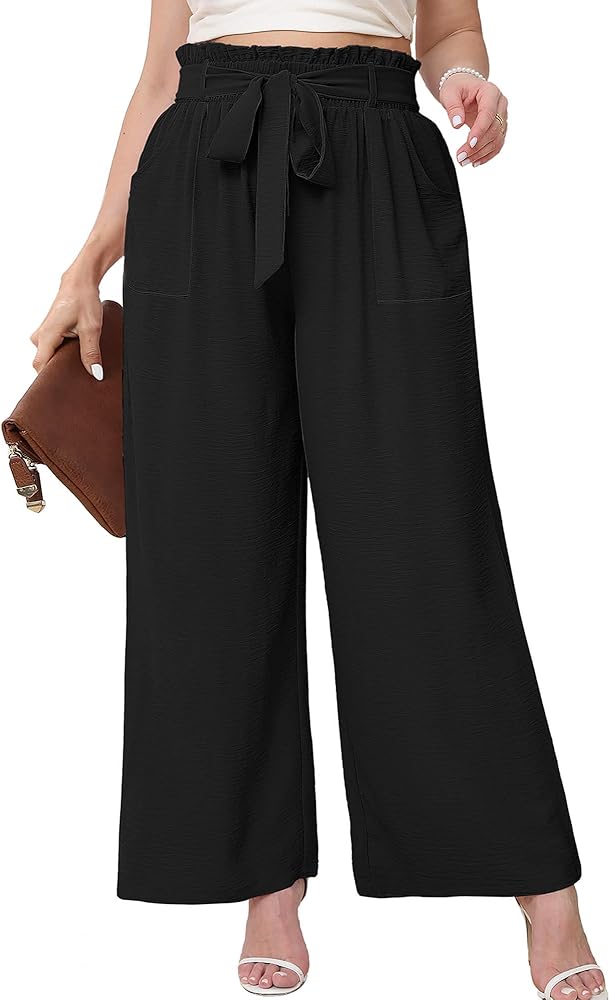 AusLook Women's Plus Size Wide Leg Lounge Pants with Pockets High Waisted Palazzo Adjustable Tie Knot Flowy Trousers