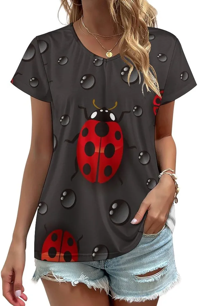 Red Ladybugs on Dark Print Blouses for Women V Neck T-Shirt Casual Tops Short Sleeve Tunic