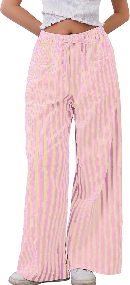 MISSACTIVER Women Drawstring Striped Pants Loose Wide Leg Trousers Casual Low Waist Pants Comfy Lounge Pants with Pockets