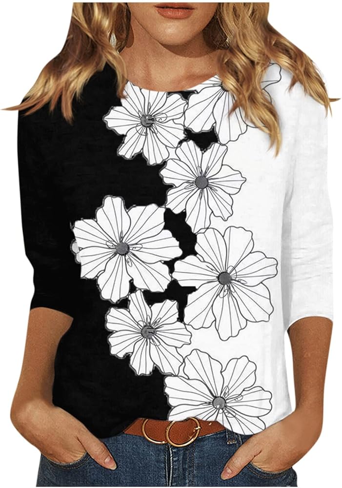 Ladies Tops and Blouses, Women's Fashion Casual Three-Quarter Sleeve Floral Print Round Neck Top