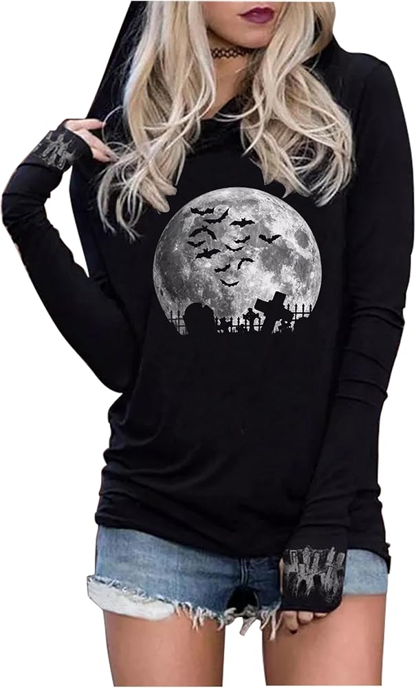 LANMERTREE Long Sleeve Gothic Hoodie for Women Live by The Sun Love by The Moon Hoodie Shirts Gothic Novelty Graphic T-Shirt