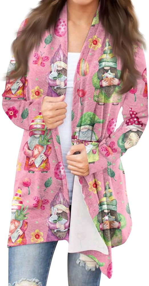 Oversized Easter Cardigans For Women,Long Sleeve Easter Egg And Easter Bunny Print Round Neck Slim Fit Cardigan With Pockets