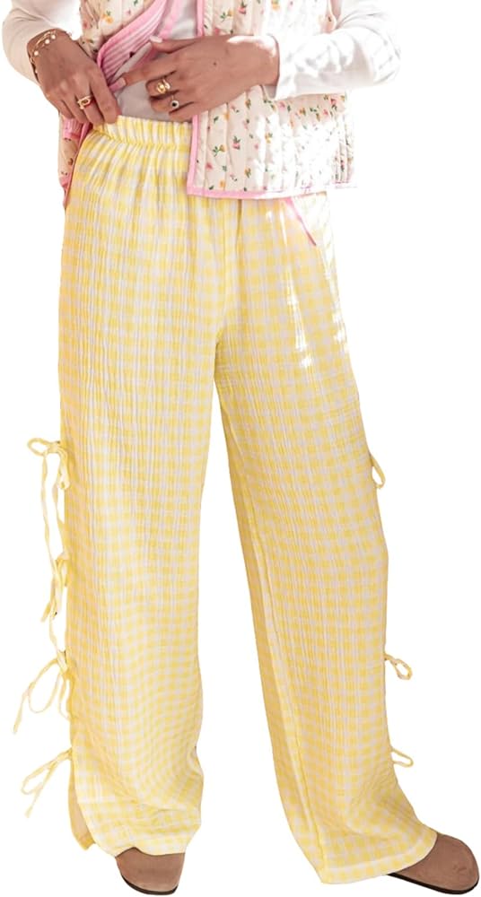 Women Y2K Plaid Stripe Pants Side Tie-Up Wide-Leg Straight Trousers Vintage Lounge Pants Sweatpants Pjs Bottoms