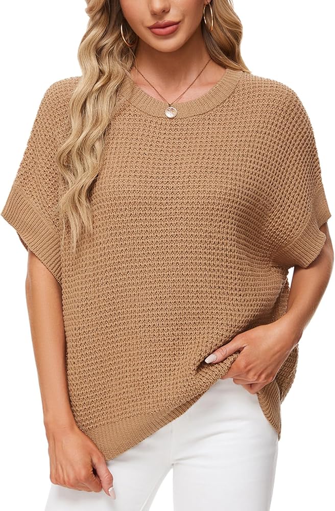 MINTLIMIT Womens Batwing Short Sleeve Sweaters Loose Oversized Waffle Knit Pullover Sweater Top