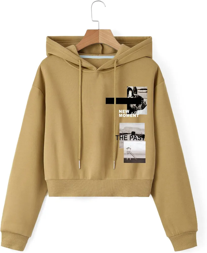 Sweatshirtw for Women - Letter Graphic Drop Shoulder Drawstring Thermal Hoodie (Color : Camel, Size : Small)