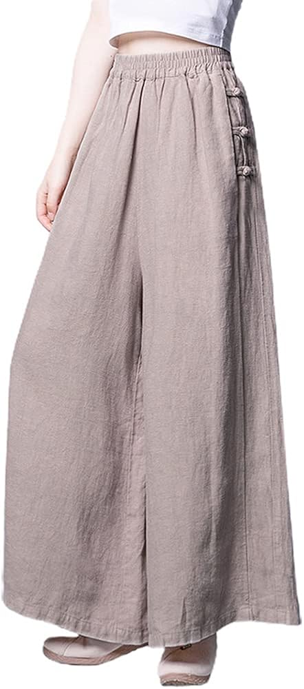 chouyatou Women's Baggy Elastic Waist Chinese Frog Button Wide Leg Linen Pants