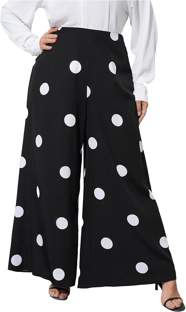 OYOANGLE Women's Plus Size Polka Dots High Waist Wide Leg Long Pants Casual Palazzo Trousers Black and White 4XL