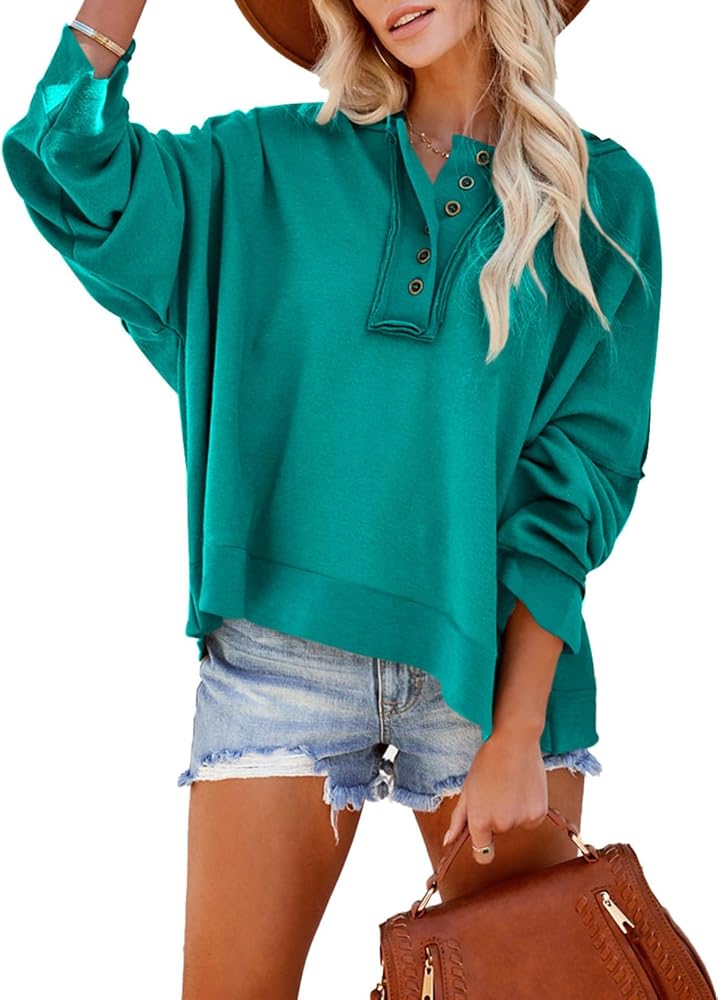 Dokotoo Womens Button Down Sweatshirt Fashion Solid Long Sleeve Hoodies and Sweatshirts Loose Crop Hoodie for Women Green Large