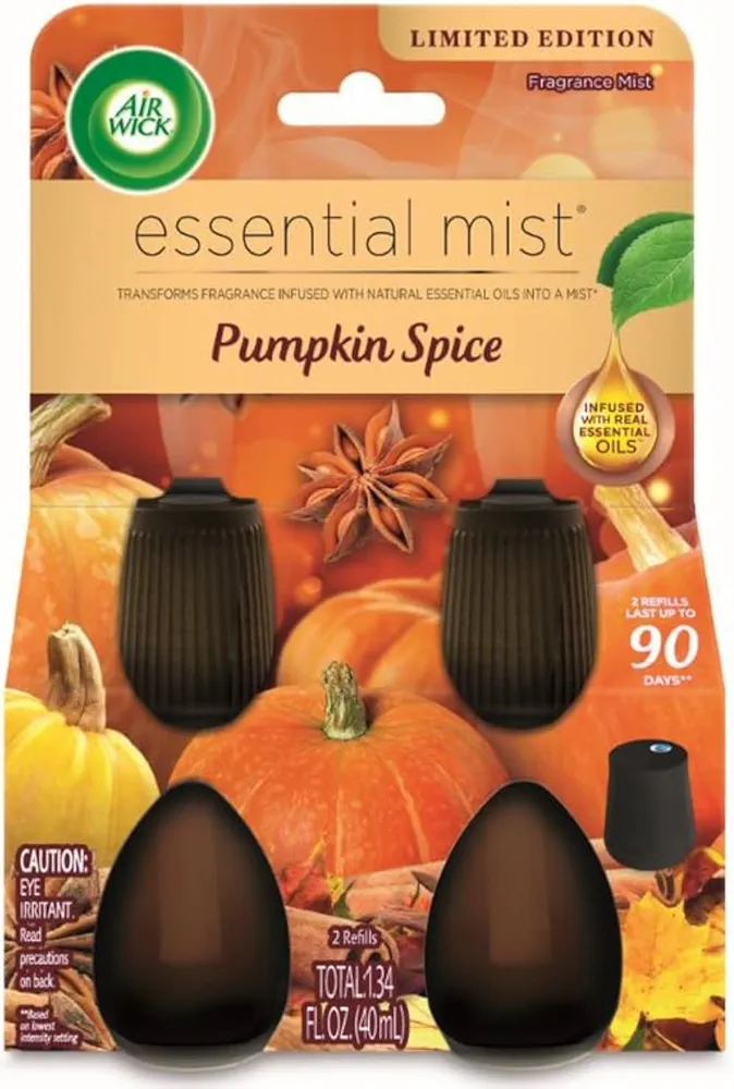 Air Wick Essential Mist Refill, 2ct, Pumpkin Spice, Fall Scent, Essential Oils, Air Freshener