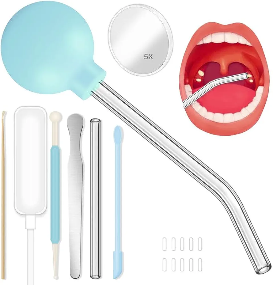 Tonsil Stone Remover Tonsil Stone Removal Kit 9 Pcs Vacuum with Light, Manual Style Cleaner Tonsil Stone Cupping Tool with Tongue Depressor, 5X Magnifying Mirror,Suit for Kid Adult-Aqua