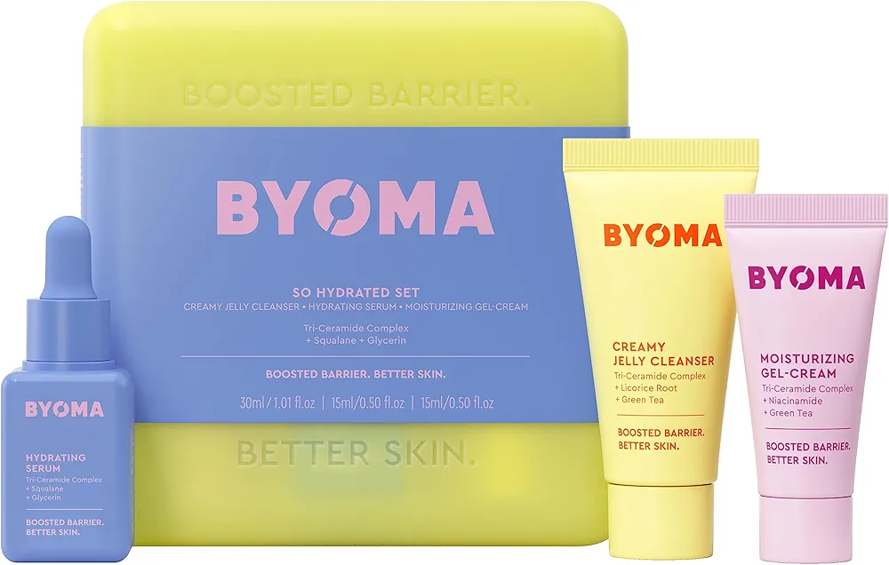 BYOMA So Hydrating Set - Barrier Repair Skincare Set - Creamy Jelly Cleanser, Hydrating Face Serum & Ceramide Face Moisturizer for Dry Skin - Anti Wrinkle, Alcohol Free Skin Care - 30ml, 15ml, 15ml