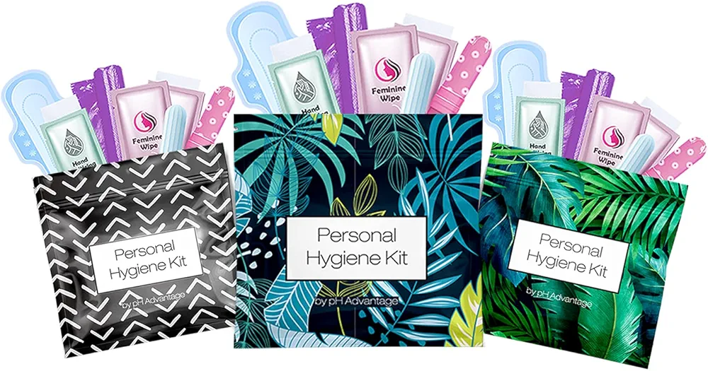 3 x Menstrual All-in-One Kits - Assorted Colors | Convenience on The Go | Single Period Kit Packs | Individually Wrapped Feminine Hygiene Products (Black Treads/Blue Forest/Green Ferns)