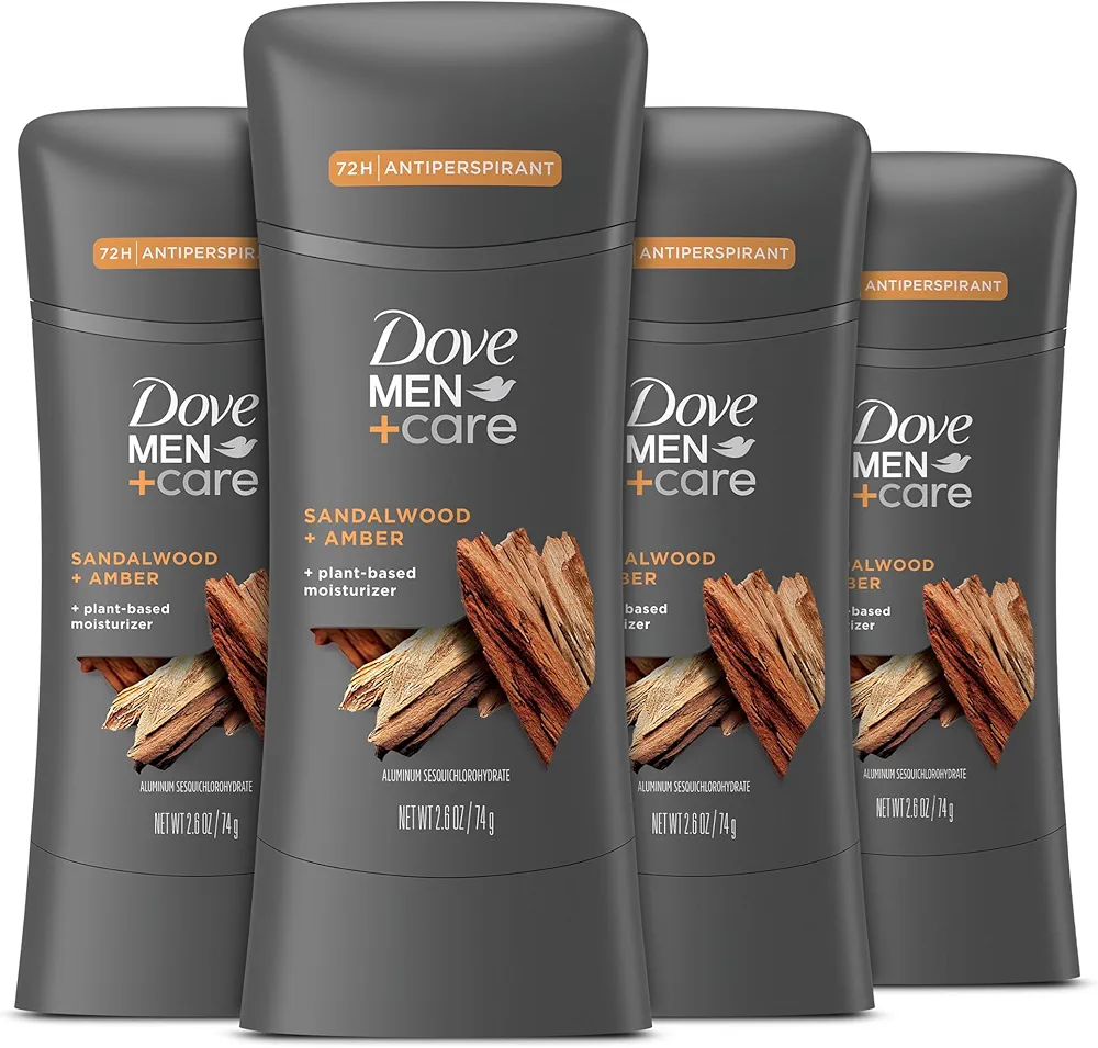 Dove Men+Care Antiperspirant Stick Sandalwood + Amber 4 Count 72H Protection with a Plant-Based Moisturizer 2.6 oz