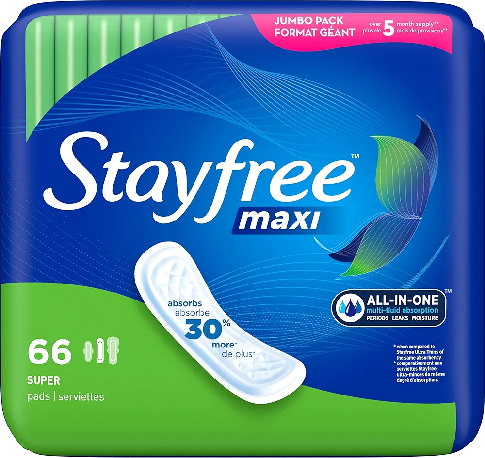 Stayfree Maxi Pads for Women, Super - 66 Count