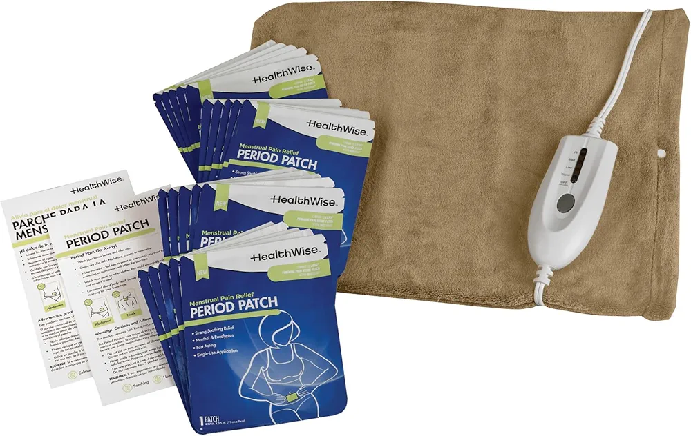 HealthWise Menstrual Pain Relief Bundle | 20Ct 10% Menthol + Eucalyptus Period Patches | Generous XL Size Patch | 12” x 15” Heating Pad with Moist & Dry Heat | Natural, Therapeutic Care at Home