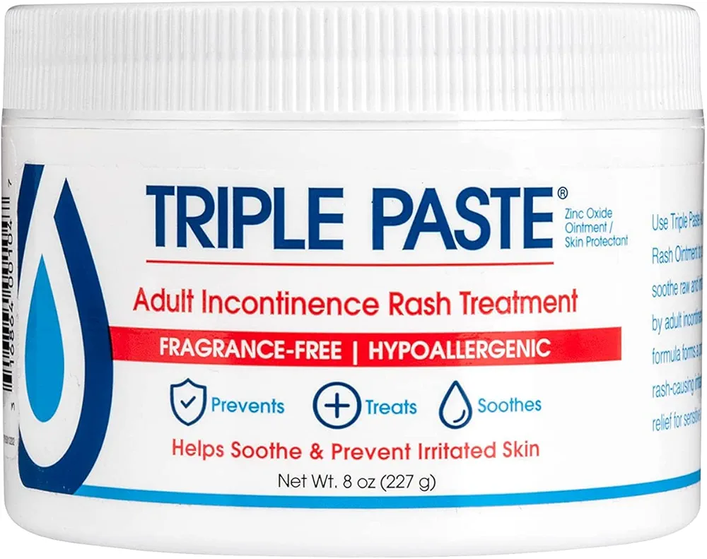 Triple Paste Adult Incontinence Rash Treatment - 8 oz Jar - Diaper Rash Ointment for Adults Treats, Soothes and Prevents Skin Irritation with a Fragrance-Free, Hypoallergenic Formula