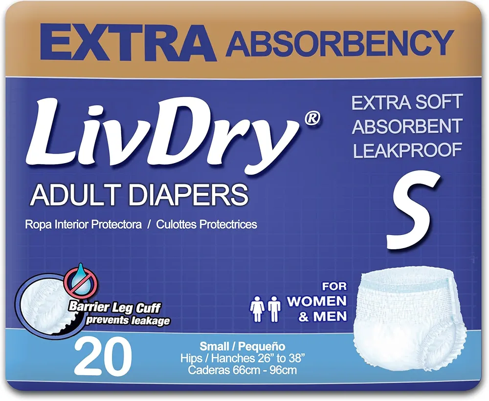 LivDry Adult Incontinence Underwear, Extra Absorbency Adult Diapers, Leak Protection, Small, 20-Pack