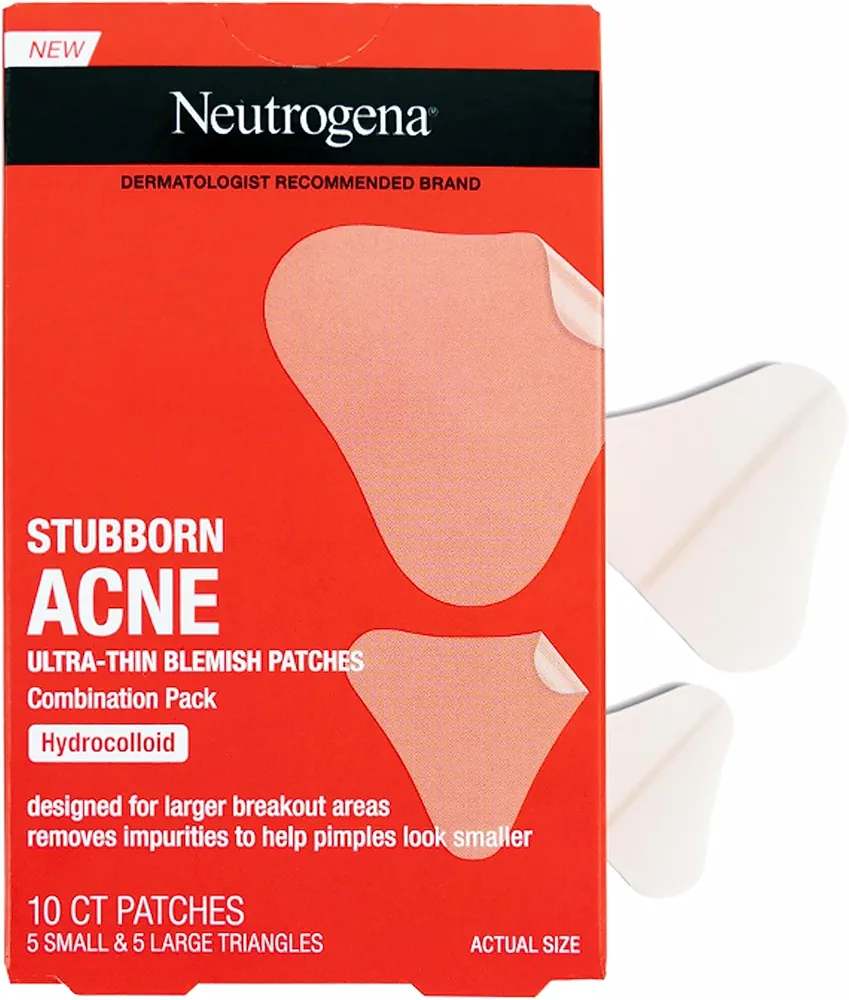 Neutrogena Stubborn Acne Pimple Patches, Acne Treatment for Face, Ultra-Thin Hydrocolloid Patches Provide Optimal Healing for Pimples, 2 Sizes, 10 Patches