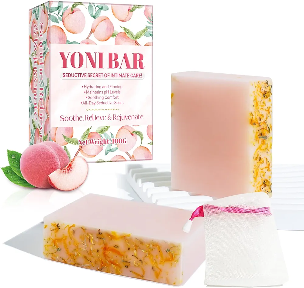 2PCS Yoni Bar Soap for Women Ph Balance（Peach）- Premium Feminine Wash with Bubble Foam Net - Yoni Wash Eliminates Odor by Natural Ingredients, Hydrating And Firming