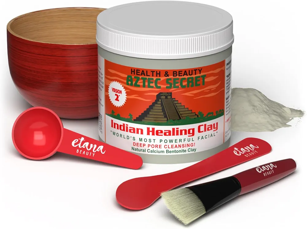 Aztec Secret Essential Indian Clay Mask Kit by Etana – 100% Natural Calcium Bentonite for Deep Pore Cleansing - Facial, Hair & Body Detox Set Wtih Accessories