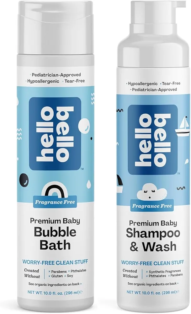 Hello Bello Tear-Free Bubble Bath for Babies & Kids, Fragrance Free, 10 fl oz + Tear-free Shampoo & Body Wash, Gentle Hypoallergenic, pH-Balanced & Dermatologist-Tested, Vegan & Cruelty-Free, 10 fl oz