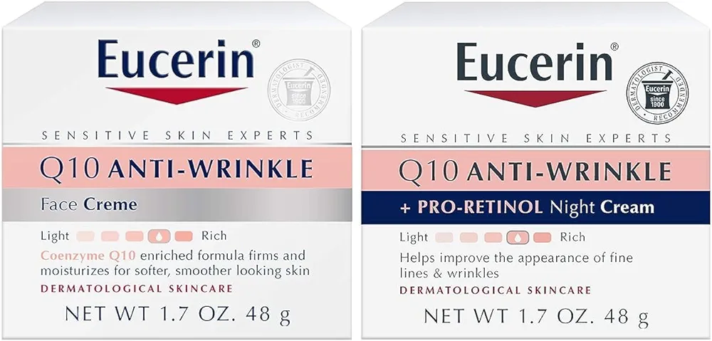 Eucerin Q10 Anti Wrinkle Skin Care Set, Facial Cream for Sensitive Skin, Q10 Anti Wrinkle Face Cream, 1.7 Oz Jar + Q10 Anti Wrinkle Night Cream with Pro-Retinol, 1.7 Oz Jar