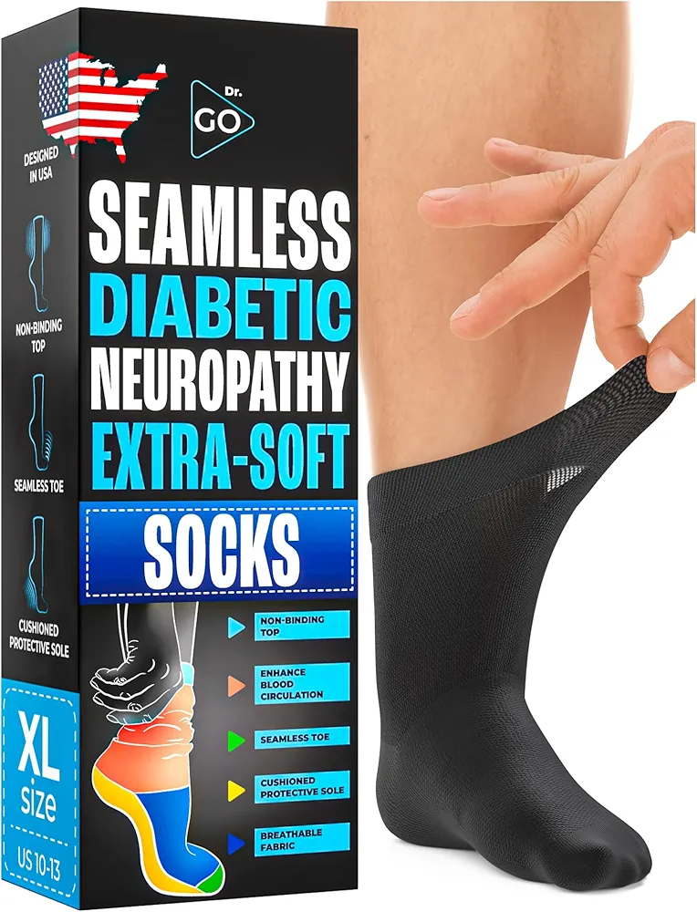 Neuropathy Socks for Men [100% Seamless] Soft Diabetic Socks with Non-Binding Top, Enhance Blood Circulation, Protective Sole for Diabetic Foot, 4 Pairs in Black, Size 10-13