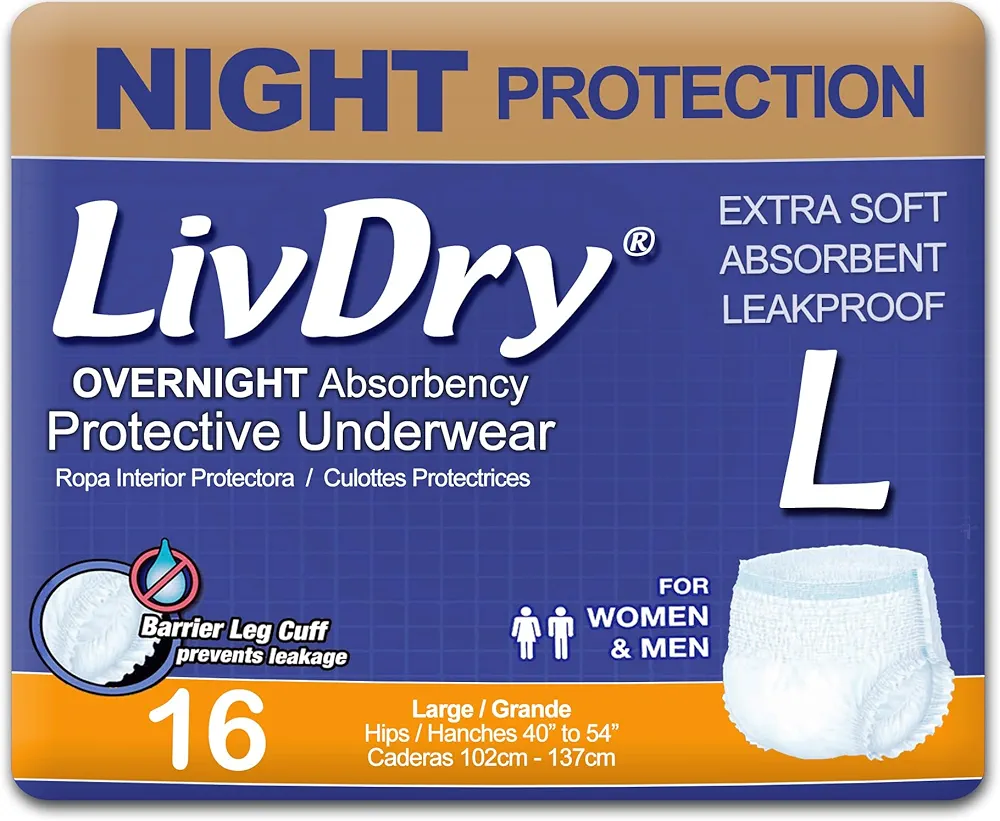 LivDry Adult Diapers Large Incontinence Underwear, Overnight, Leak Protection, 16-Pack