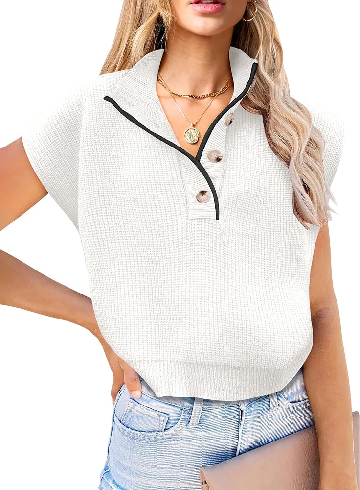 ANRABESS Womens Short Sleeve Sweaters V Neck Button Down Pullover Sweater Tops Loose Casual Knit 2024 Fall Outfits