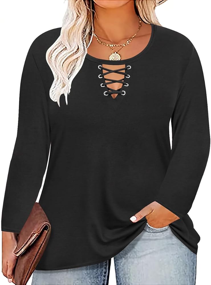 Ritera Plus Size Tops For Women Winter Black Solid Color Shirts Oversized Causal Crew Round Neck Cross Criss Long Sleeve Basic Tshirt Loose Fit Henley Shirt Ladies Tunic Pullover Blouse 1X 1Xl 14W 16W