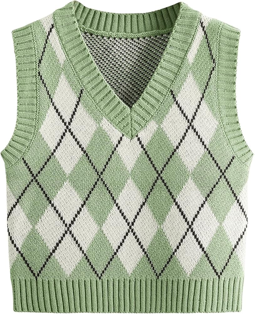 SweatyRocks Women's Plaid Geo Sleeveless V Neck Knit Crop Top Sweater Vest