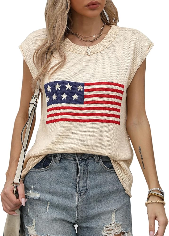 Alsol Lamesa Women’s American Flag Graphic Cap Sleeve Vest Knit Lightweight Sweater Crew Neck Tank Top 2024