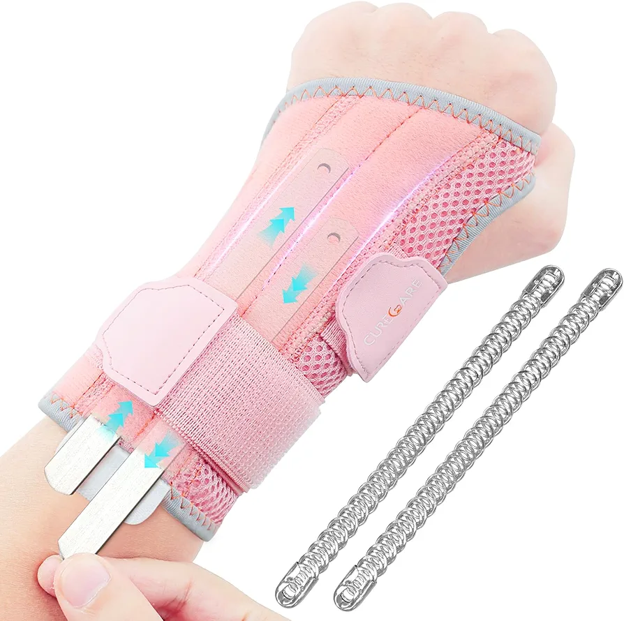 2 in 1 Carpal Tunnel Wrist Brace, 3 Adjustable Stability Wrist Support, Customized Wrist Splint with Replaceable Springs (Left - Pink, S/M)